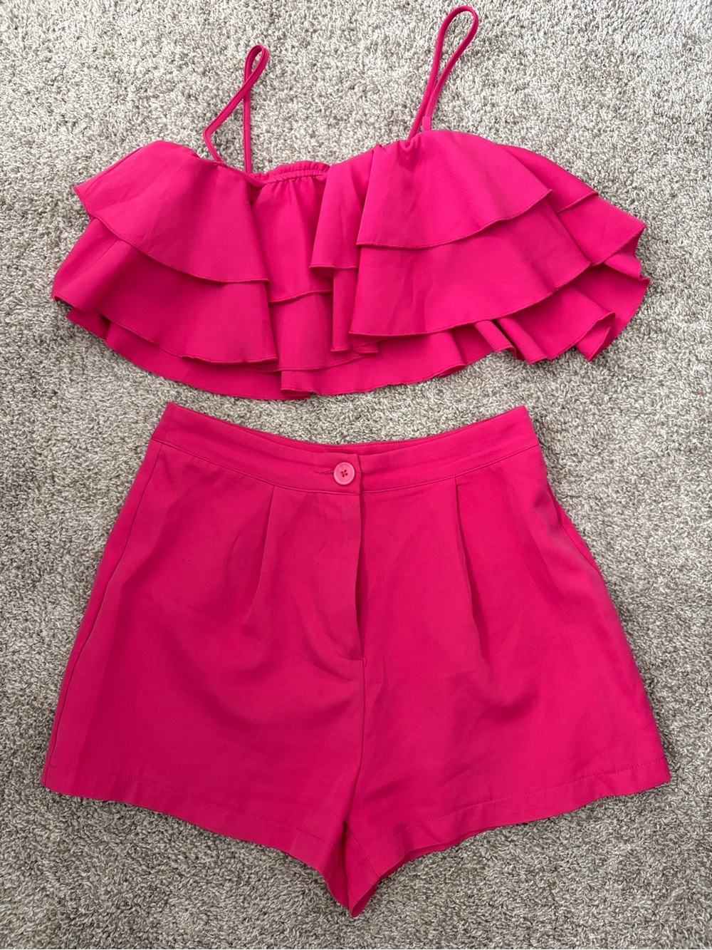 SHEIN Hot Pink High Waist Ruffle Shorts Set